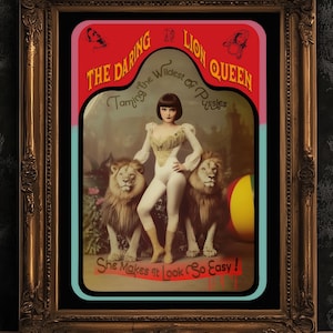Le dompteur de lions, oeuvre d'art murale du cirque victorien, carte de coffret Circus Sideshow, freakshow, bizarreries, impression Sideshow, affiche de carnaval, Dark Academia