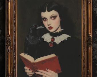 Konsttryck med Raven Queen, Dark Academia Cottagecore Gothic Poster, Witchy Vintage Whimsigoth Dekor, Väggbonad med mörk romantik och fantasy