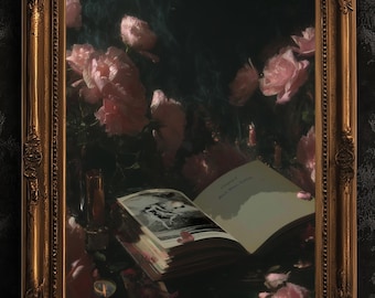Dark Academia Witchy Open Grimoire Book Art Print, Vintage Floral Wall Decor, Roses Poster, Witchy Aesthetic, Gothic Whimsigoth Decor