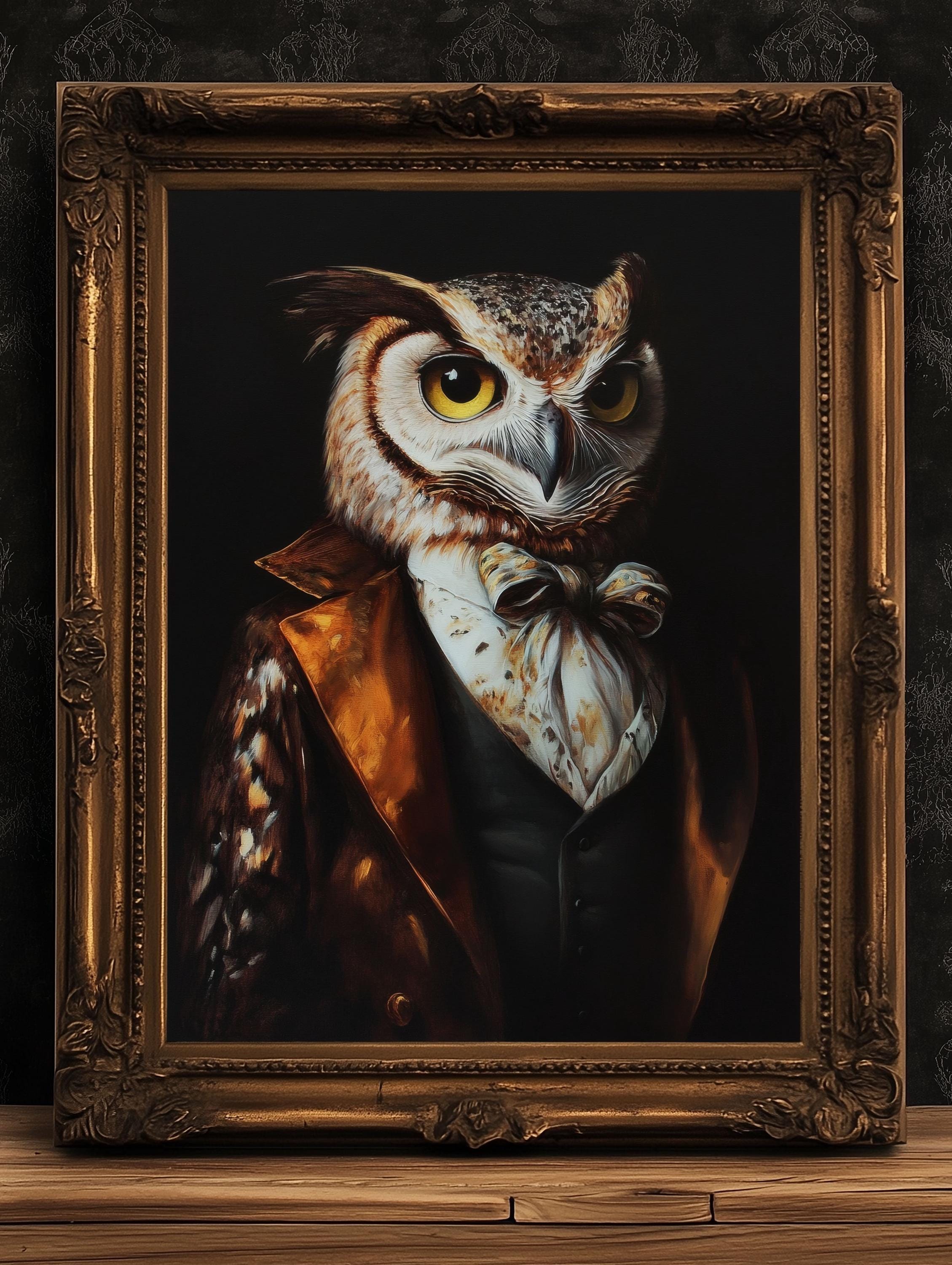 Gothic Owl Portrait, Dark Academia Wall Decor, Funny Royal Pet Painting, Vintage Animal Lover Gift,