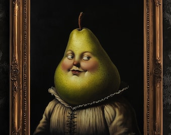 Adorable Pear Poster, Antique Fruit Art Print, Renaissance Food Portrait, Surreal Still Life Painting, Quirky Weirdcore Kitchen Decor