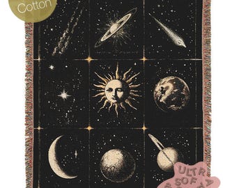 Celestial Sun And Moon Woven Blanket, Boho Whimsical Large Tapestry Throw, Mystical Whimsigoth Checkerboard Throw, Astrology Home Decor Gift