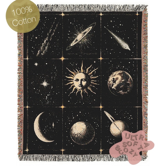 Celestial Sun And Moon Woven Blanket, Boho Whimsical Large Tapestry Throw, Mystical Whimsigoth Checkerboard Throw, Astrology Home Decor Gift