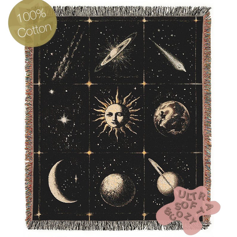 Celestial Sun And Moon Woven Blanket, Boho Whimsical Tapestry Throw, Mystical Whimsigoth Checkerboard Throw, Astrology Home Decor Gift