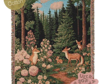 Enchanted Cottagecore Forest Tapestry Blanket, Vintage Floral Woodland Wall Art, Whimsigoth Decor Large Woven Throw