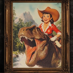 Funny Dinosaur Cowgirl Wall Poster, Yeehaw Art Print, Cowgirl Riding T-Rex, Weird Vintage Comic Book Poster, Quirky Western Jurassic Decor