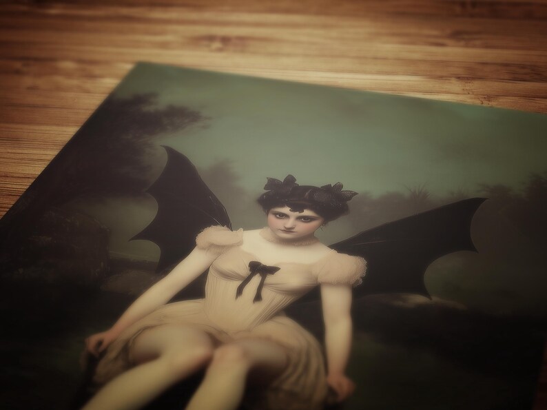 vintage poster, art poster print, dark academia, victorian wall art, gothic painting, halloween decoration, witch art print, nature witch print, dark fantasy poster, moonlit gothic scene, bat woman painting, lilith painting, queen of demons