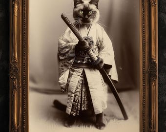 Vintage Cat Samurai Photograph, Dark Academia Wall Art