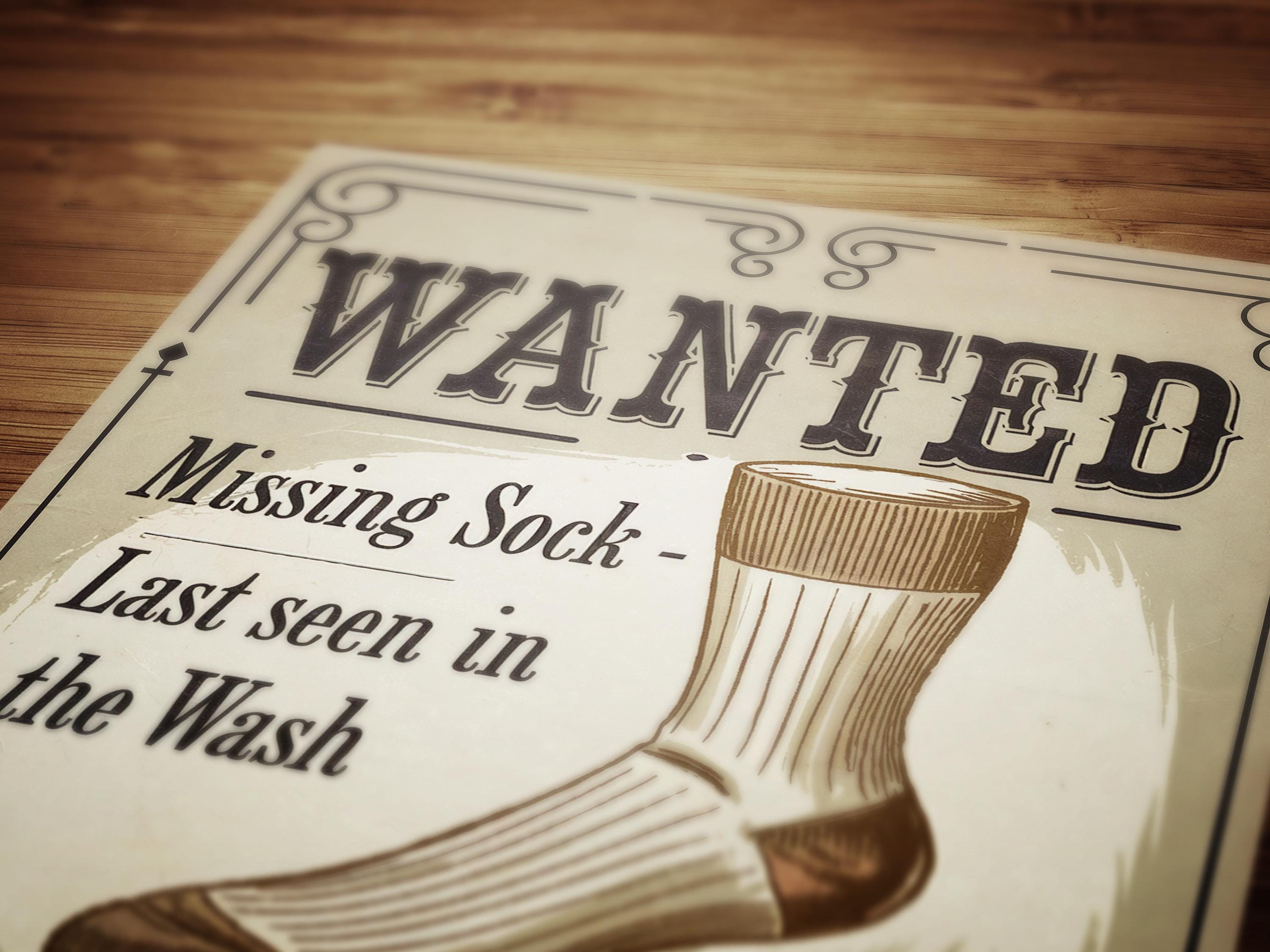 Funny Lost Sock Poster, Vintage Laundry Room Sign, Western Wanted Sign ...