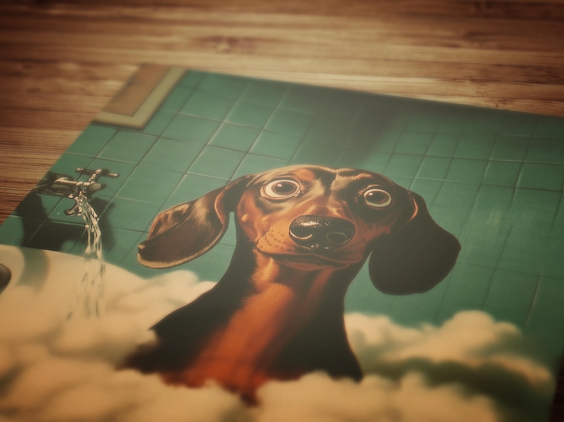 dopamine decor, bathroom decor, trendy wall art, dachshund gift, dog lover gift, whimsical bathroom, dachshund poster, small poster, sausage dog, dog grooming, dog groomer gifts, veterinarian gift, weiner dog