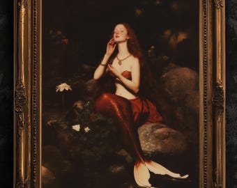 Mermaid On a Rock, Whimsical Cozy Bathroom Decor, Whimsigoth Decor, Dark Romance Fantasy Print, Dreamy Floral Decor for Book Lovers