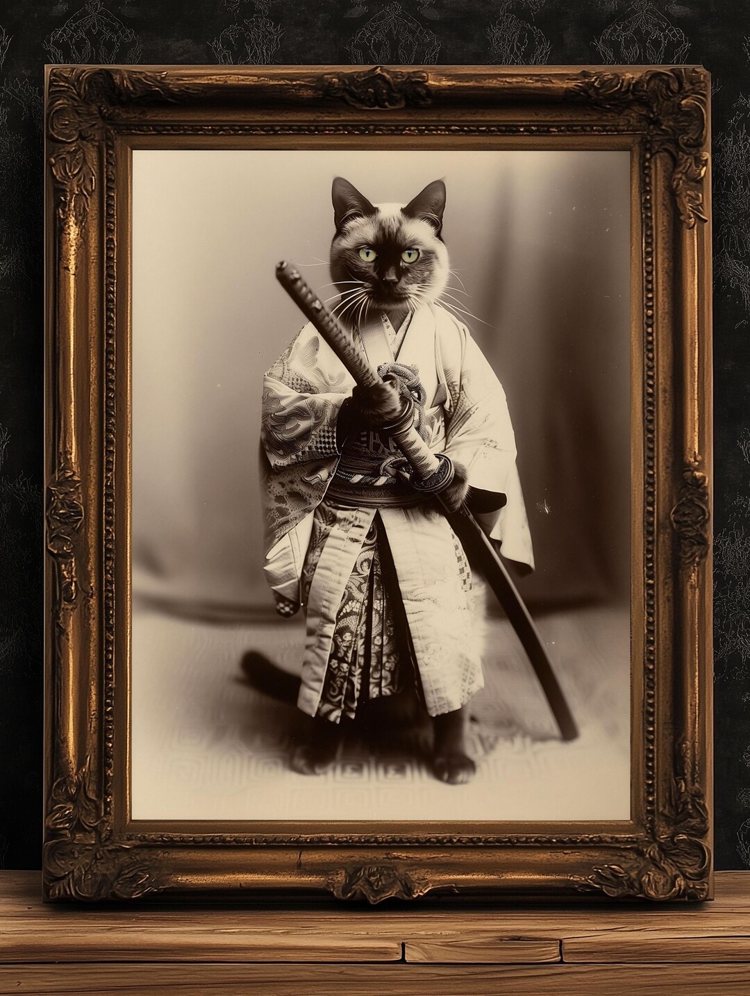 織田猫侍Black13park Oda Cat Samurai statue Samurai Cat Sculpture • 3d-printed Warrior Feline • Matte Black