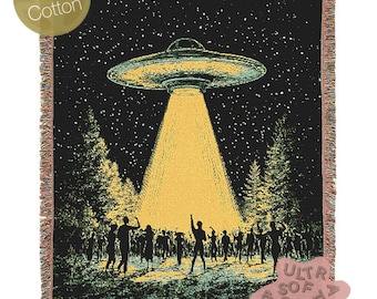 UFO Abduction At Music Festival Woven Blanket, Cotton Woven Couch Throw, Sci-Fi Home Decor, Weirdcore Funny Tapestry Alien Room Art Gifts,
