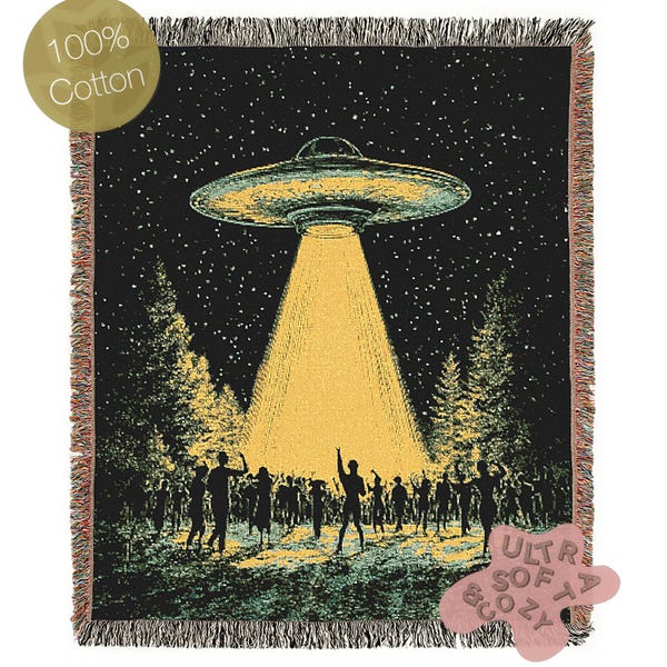 UFO Abduction At Music Festival Woven Blanket, Cotton Woven Couch Throw, Sci-Fi Home Decor, Weirdcore Funny Tapestry Alien Room Art Gifts,