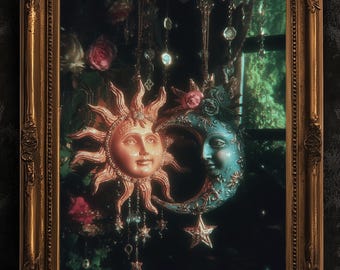 Whimsical Sun And Moon Print, 90s Whimsigoth Decor, Celestial Magical Home Decor, Sun Moon Poster, Cosy Witchy Print