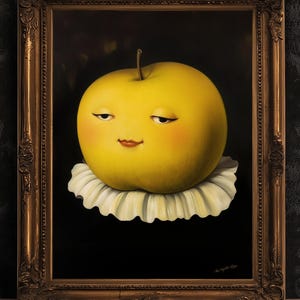 Affiche mignonne de pomme pensive, impression d'art de fruit antique, portrait de nourriture de la Renaissance, peinture surréaliste de nature morte, déco de cuisine drôle bizarre étrange