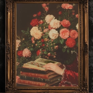 Roses And Books, Dark Academia Decor, Victorian Gothic Bookish Print, Book Lover Gift, Vintage Library Art, Reading Nook Poster