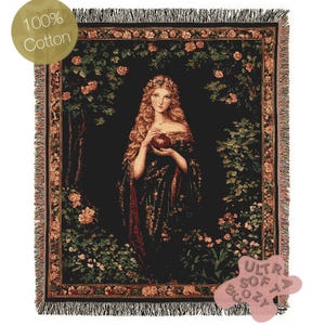 Persephone And The Pomegrante Woven Throw Blanket, Greek Mythology Goddes of the Underworld, Large Wall Tapestry, Witchcore Whimsigoth Decor