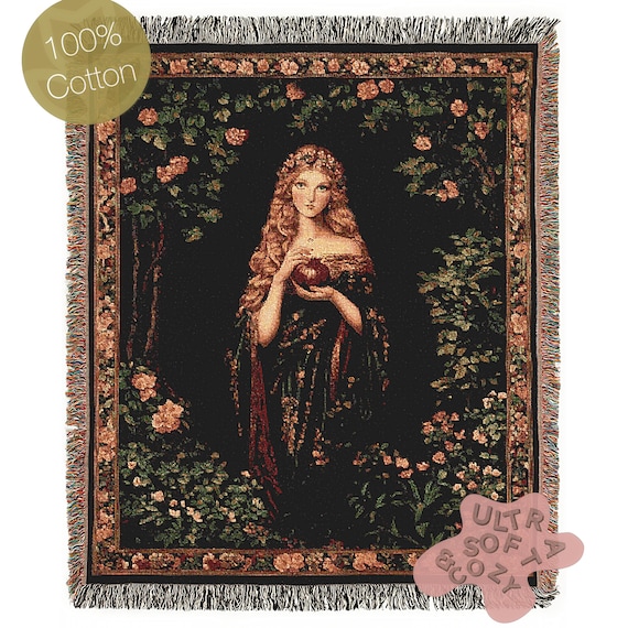 Persephone And The Pomegrante Woven Throw Blanket, Greek Mythology Goddes of the Underworld, Large Wall Tapestry, Witchcore Whimsigoth Decor