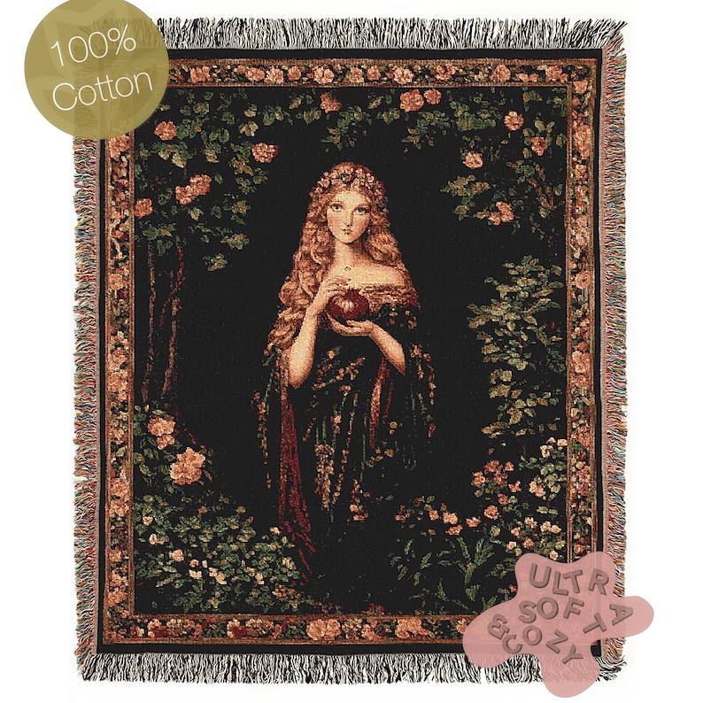 Persephone And The Pomegrante Woven Throw Blanket, Greek Mythology Goddes of the Underworld, Large Wall Tapestry, Witchcore Whimsigoth Decor