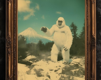 Vintage Yeti Wall Art, Retro Snowy Bigfoot Landscape Print, Unique Mythical Creature Decor for Cryptids & Fantasy Enthusiasts, Sasquatch art