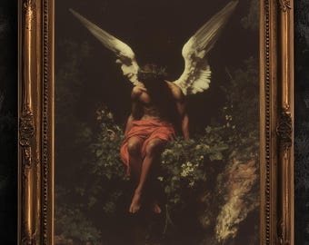 Fallen Angel Poster, Dark Academia Gothic Decor, Moody Fantasy Art