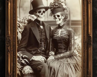Gothic Victorian Skeleton Wedding Photo Print, Dark Academia Wall Art