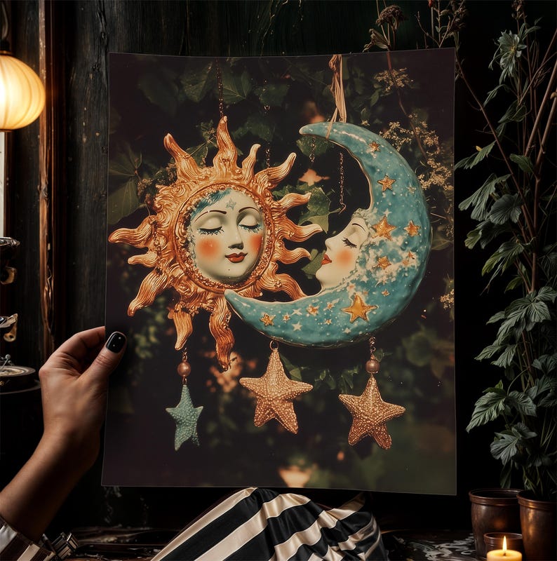 dark academia, dark cottagecore, whimsigoth decor, fairycore decor, witch painting, moon art, whimsical decor, whimsical wallpaper, 90s celestial sun, sun and moon print, best selling items, celestial decor, tarot art print