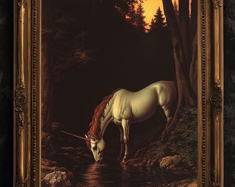 Mystical Unicorn Forest Poster, Dark Fantasy Creature, Whimsigoth Decor, Bookish Wall Art, Dark Cottagecore Medieval Aesthetic Wall Art