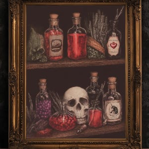 Dark Cottagecore Witch Potion Wall Art Print, Magical Potion Bottles Apothecary Shelf Poster, Herbs And Skull, Gothic Whimsigoth Decor