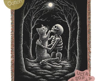 Skeleton and Cat Woven Throw Blanket, Gothic Blanket with Full Moon, Witchy Halloween Romance Decor, Whimsigoth Decor, Spooky Cat Gift