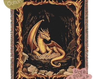 Gold Dragon Woven Blanket, Fantasy Fire Dragon Medieval Tapestry Throw, Mythical Creature Blanket for Dungeon And Whimsigoth Decor, RPG Gift