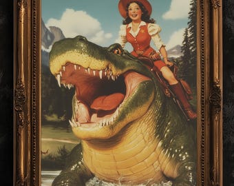 Funny Gator Cowboy Wall Poster, Yeehaw Art Print, Cowboy Riding Crocodile, Weird Vintage Comic Book Poster, Quirky Western Jurassic Decor