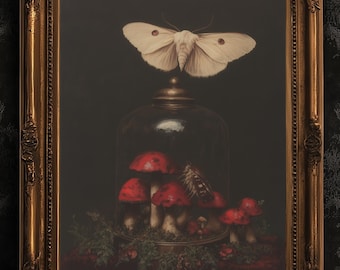 Cúpula de cristal con Moody Moth y curiosidad, lámina de arte mural con forma de hongo, póster de bosque cottagecore de Dark Academia, decoración gótica vintage de Whimsigoth