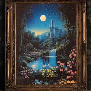 Fairy Tale Castle Under Moonlight, Whimsical Fantasy Landscape Poster Waterfall, Flowers and Stars, Cottagecore Decor, Fairytale Lover Gift
