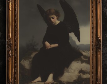 Fallen Angel, Romantic Occult Print, Moody Fantasy Dark Lovers Poster, Gothic Couple Wall Art, Vintage Oil Gothic Painting Gift