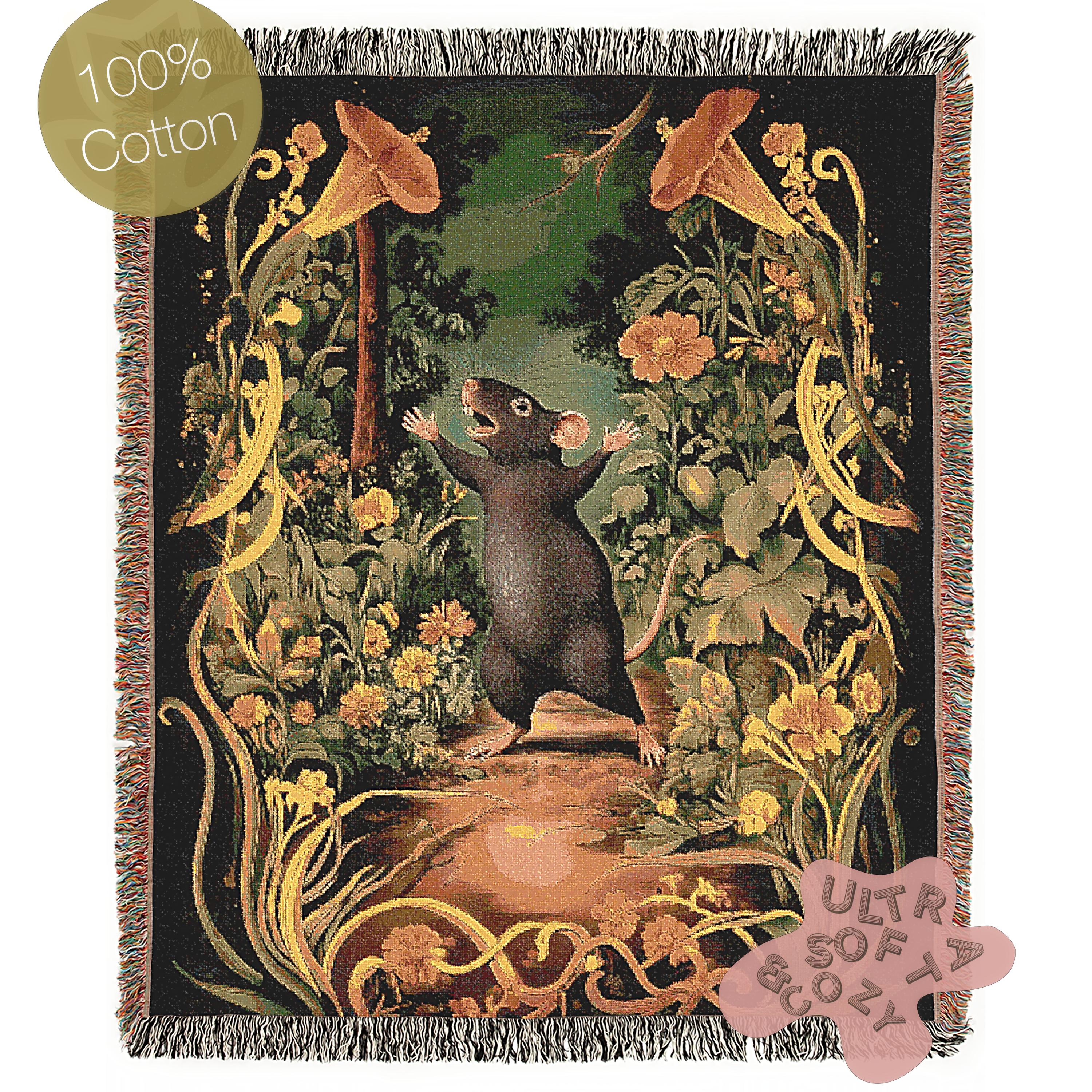 RATS TOWEL BLANKET タオルブランケット Victorian Rat Tapestry Blanket, Whimsical Forest Floral Woven