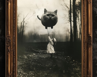 Meisje met gigantische kat ballonprint, eigenzinnige grappige kat poster bos kunst aan de muur, retro humeurig interieur cadeau, kattenliefhebber cadeau