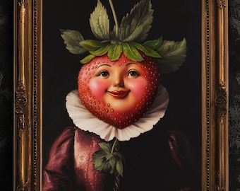 Strawberry Poster, Antique Fruits and Vegetables Art Print, Renaissance Food Portrait, Surreal Painting Weirdcore Funny Kitchen Decor