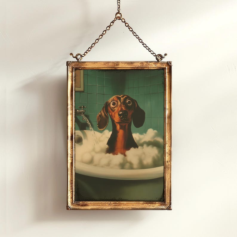 dopamine decor, bathroom decor, trendy wall art, dachshund gift, dog lover gift, whimsical bathroom, dachshund poster, small poster, sausage dog, dog grooming, dog groomer gifts, veterinarian gift, weiner dog