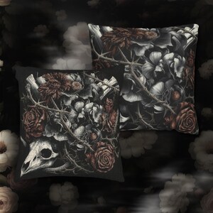 Macabre Dark Roses Tapestry & Faux Suede Pillow, Dark Academia Cottagecore Interiors, Grotesque Floral Cushion, Living Room Whimsigoth Decor