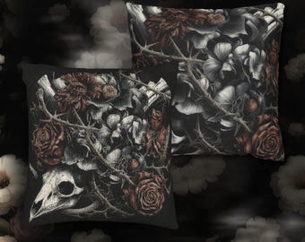 Macabre Dark Roses Tapestry & Faux Suede Pillow, Dark Academia Cottagecore Interiors, Grotesque Floral Cushion, Living Room Whimsigoth Decor