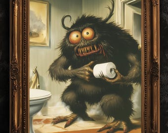 Funny Bathroom Poster, Cute Monster Holding Toilet Paper, Quirky Wall Art, Weirdcore Gift Idea, Weird Horror Print for Goth Toilet Decor