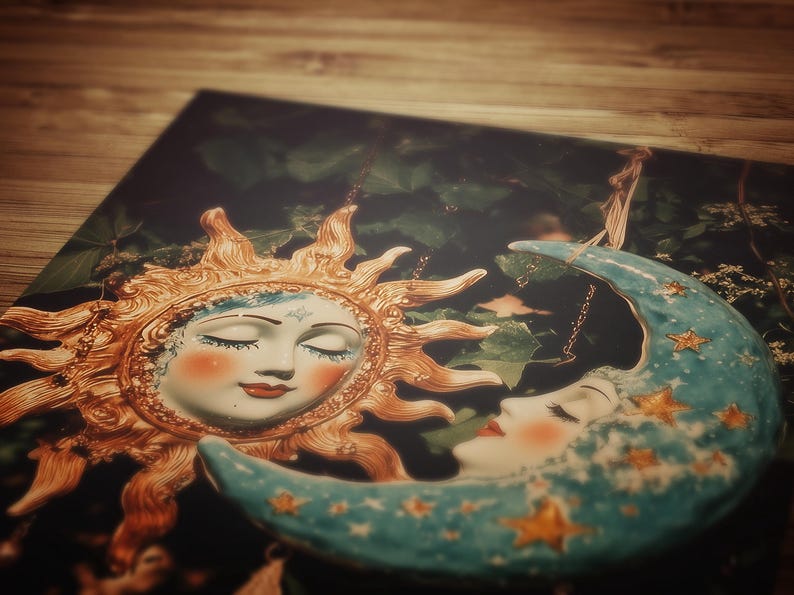 dark academia, dark cottagecore, whimsigoth decor, fairycore decor, witch painting, moon art, whimsical decor, whimsical wallpaper, 90s celestial sun, sun and moon print, best selling items, celestial decor, tarot art print