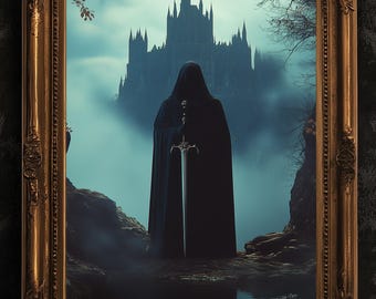 Mittelalterlicher Ritter Art Print, Gothic Fantasy Krieger Wanddekoration, Episches Ritter Kunstwerk, Mittelalterliches Burgkern Poster, Whimsigoth Dekor