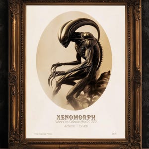 Vintage Gothic Xenomorph Postcard Art Poster, Alien Horror Wall Decor, Sci-Fi Gothic Aesthetic, Dark Fantasy Poster, Retro Futurism Wall Art