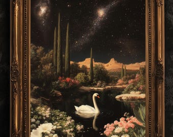 Stampa artistica di cigno malinconico al chiaro di luna nel deserto, arte murale romantica, uccello vittoriano, decorazione murale naturalistica stravagante, poster gotico cupo vintage