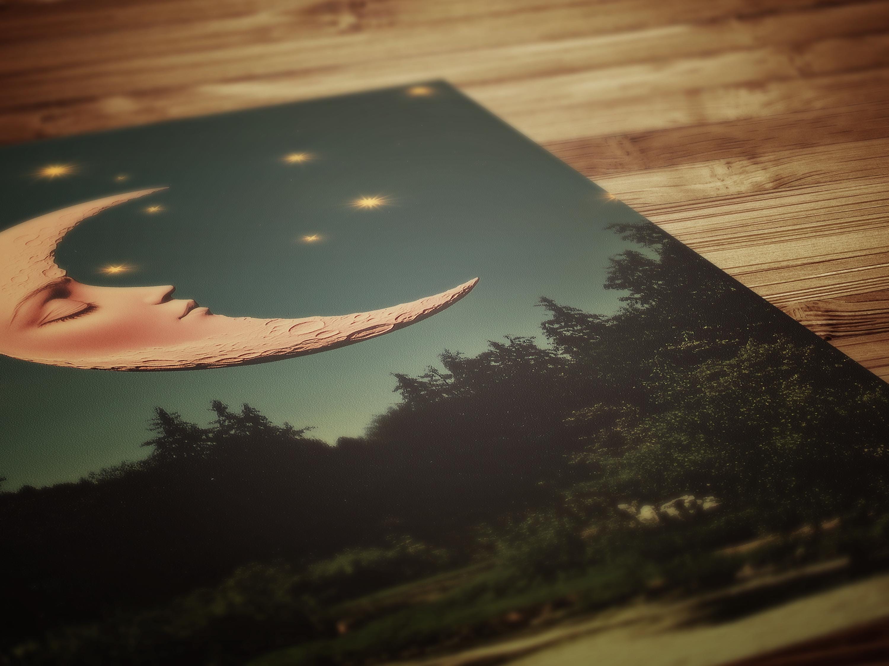 Whimsical Crescent Moon Face Art Print, Vintage Dreamcore Night