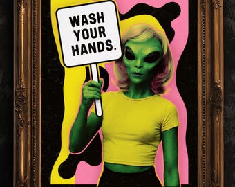 Wash Your Hands, UFO Alien Bathroom Wall Art, Decor Bathroom Art for Kids, Pop Art Print Extraterrestrial, Funny Sci-Fi Weird Art Print