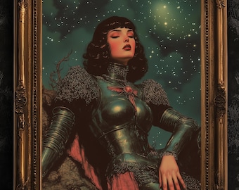 Celestial Lady Knight Art Print, Retro Medieval Goth Fantasy Wall Decor, Dark Gothic Warrior Poster, Cosmic Dreamscape Illustration